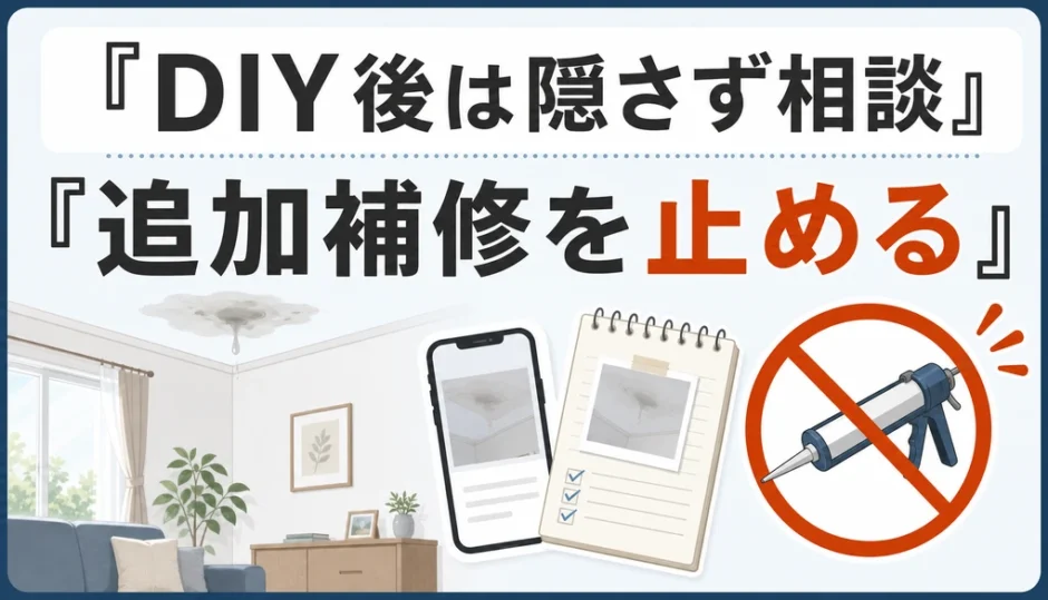 DIY屋根修理後は追加補修を止め、作業内容を隠さず相談することを示す図