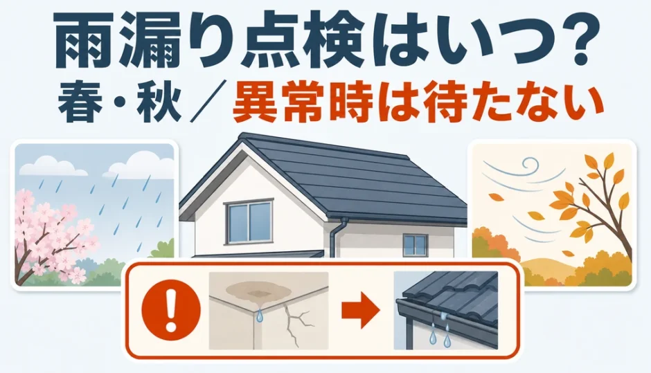 雨漏り点検の時期は春・秋が候補で、異常時は待たないことを示す図