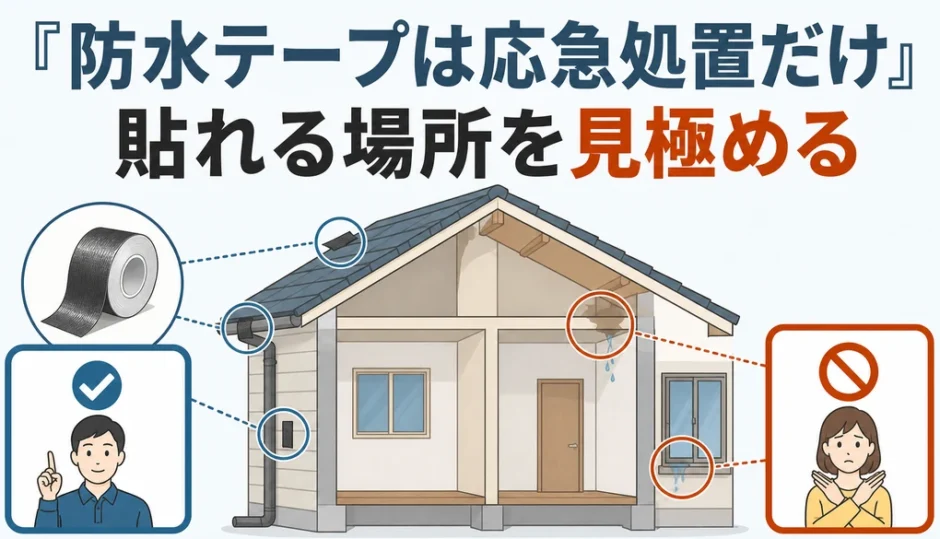 防水テープは雨漏りの応急処置に限り、貼れる場所を見極めることを示す図