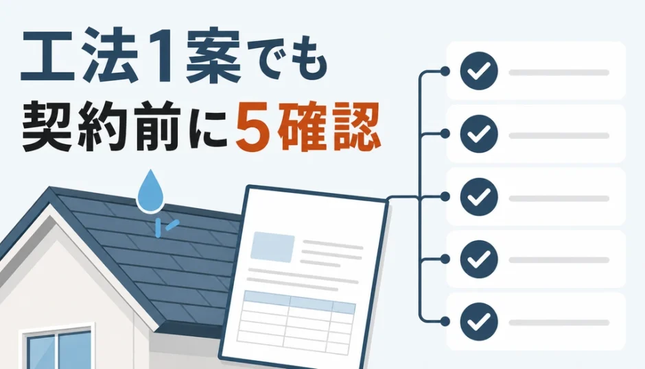 雨漏り修理で工法が1案だけのときに契約前の5項目を確認するイメージ