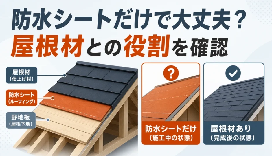 防水シートだけで屋根は大丈夫かを示す屋根3層の図解