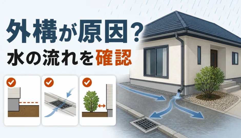 雨漏り再発時に外構の地盤・排水・植栽と水の流れを確認するイメージ