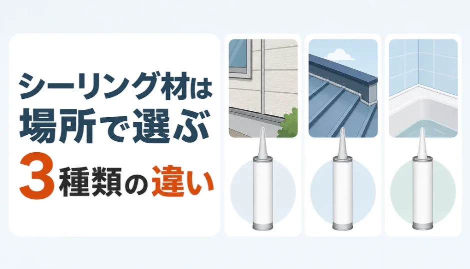 シーリング材は場所で選ぶと示す3種類比較のイラスト