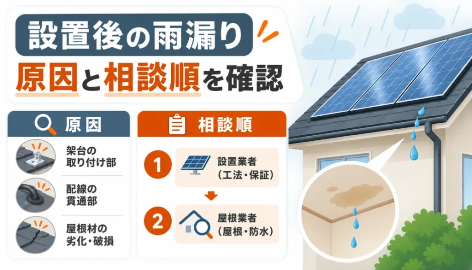 太陽光パネル設置後の雨漏りについて原因と相談順を示す解説画像