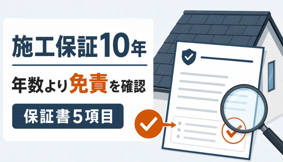 施工保証10年は年数より免責と保証書5項目を確認することを示す図