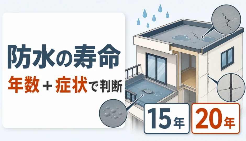 防水の寿命を年数と劣化症状から判断することを示す図